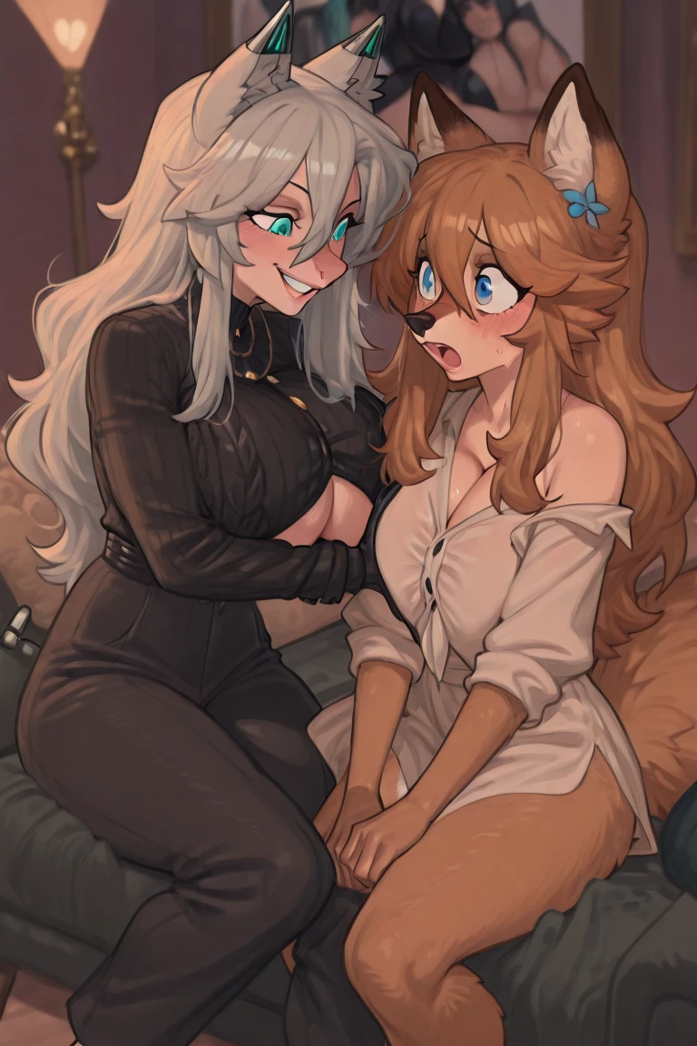 by meesh, (best quality, masterpiece:1), anthro, furry, female, ((Snow Leopard)), grey eyes, white hair, shaggy long hair, portrait, fingers, finger claws, looking at viewer, snow leopard tail, ((large tuft of hair on the chest)), ((naked)), ((braces on teeth, ((nerd)), glasses, braces, eyes closed, visible breath, panting, ((1woman)), ((bedroom)), white fur, large nipples, hard nipples, fluffy fur, ((1man)), ((reverse cowgirl position)), ((man fingering woman)), ((legs raised)), front view, large nipples, sweating, braces on teeth, ((female sitting on male's lap)), ((male's hand on female's waist)), ((full body)), (Woman sitting on man)), twincest, ((medium breasts)), ((rectal insertion))