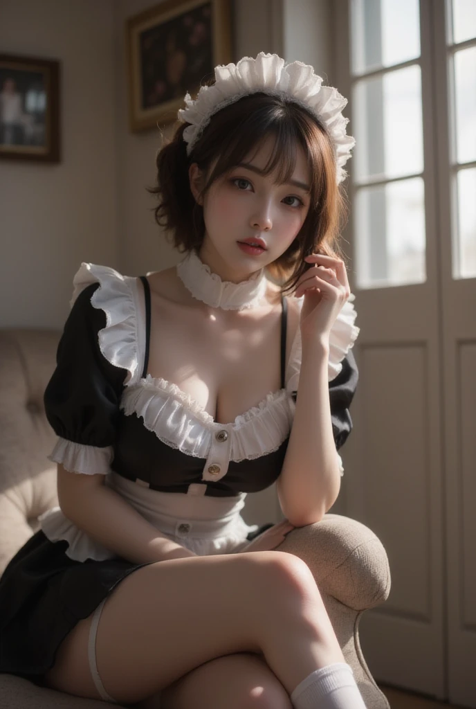  (white and black theme:1.4), (fusion of (sleevelesswhite high neck and collared [crop top]) and (black puff sleeves):1.4),(white tops and black short sleeves:1.2), (wearing a white half apron over a black skirt:0.7), (waist cincher:1.3), (whitehalfapron), ((white maid head-band with ruffles on head, white brim on head):1.3), (white thigh high stockings:1.4), ((white arm warmers, white long glove):1.3), (black heeled pumps:1.2), (light-blue theme:1.2), (light-blue lines on skirt:0.8), (light-blue ribbon bow:1.3),((highest quality)), ((masterpiece)), (detailed),( Lanky:1.3)(( in the cafe)),美しい韓国人woman, 美しい若い韓国人woman, Young and adorable Korean face, ゴージャスな若い韓国人woman, Korean Girls, Girl cute beautiful face, 韓国のwomanアイドルの肖像, Young and pretty Asian face, Cute natural anime face,Asian pretty face, ((highest quality)),(((nipple))),(detailed), Perfect Face,((One girl)), (scrawny：weight1.0〜2.0)iris, Elevation, space,( big eyes:1.1 ),(Natural Light),Dramatic lighting, Chiaroscuro, Emotional depth,woman,((nude)),((show off nipple)),((small breasts)), ((flat chest)),naked,slender, a short bob,delicate,Small breasts,((Small breasts)),the body is slender,Beauty,Beauty,4K quality,Young face,Big eyes,Brown eyes,Perfect Face, 21years old,breasts are very small,Model Body Type,Cute Face,Pink nipples,Symmetrical eyes,Glowing eyes,Natural smile,((Always show your boobs)), ((flat chest)), ((Gaunt)),beautiful,((a short bob)), ((half body)), topless,modelshoot style,((intricate choker necklace)), (embarrassed,blush:1.3),,(steam:0.8),(wet:0.8),(sweat:0.8),(trembling:1.3),(parted lips:1.4),(harf open eyes:1.6),(feeling weak:1.5), (lips),(intricate earrings),((nipple)),((woman posing for a photo))