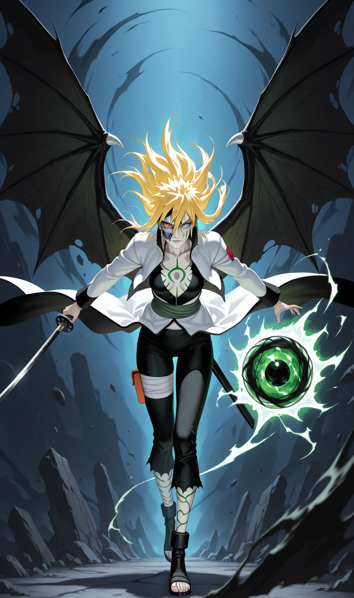 masterpiece, ultra detailed, best quality, character fusion design of Ulquiorra Cifer and Uzumaki Naruto, pale white skin with whisker marks, one half showing Hollow mask fragment, heterochromatic eyes - one emerald green with slit pupil and one bright azure blue, spiky blonde hair with black streaks, tear-like markings beneath eyes, wearing a hybrid outfit combining Arrancar white jacket and orange-black sage mode clothing, black bat-like wings emerged from back, dual energy aura - green reiatsu mixing with orange chakra, hollow hole in chest with seal markings spreading from it, holding both a black katana and rasengan, dramatic lighting, intense atmospheric pressure, particle effects, dark fantasy art style, extreme detail on facial features, dynamic pose, power emanating pose, 8k resolution
