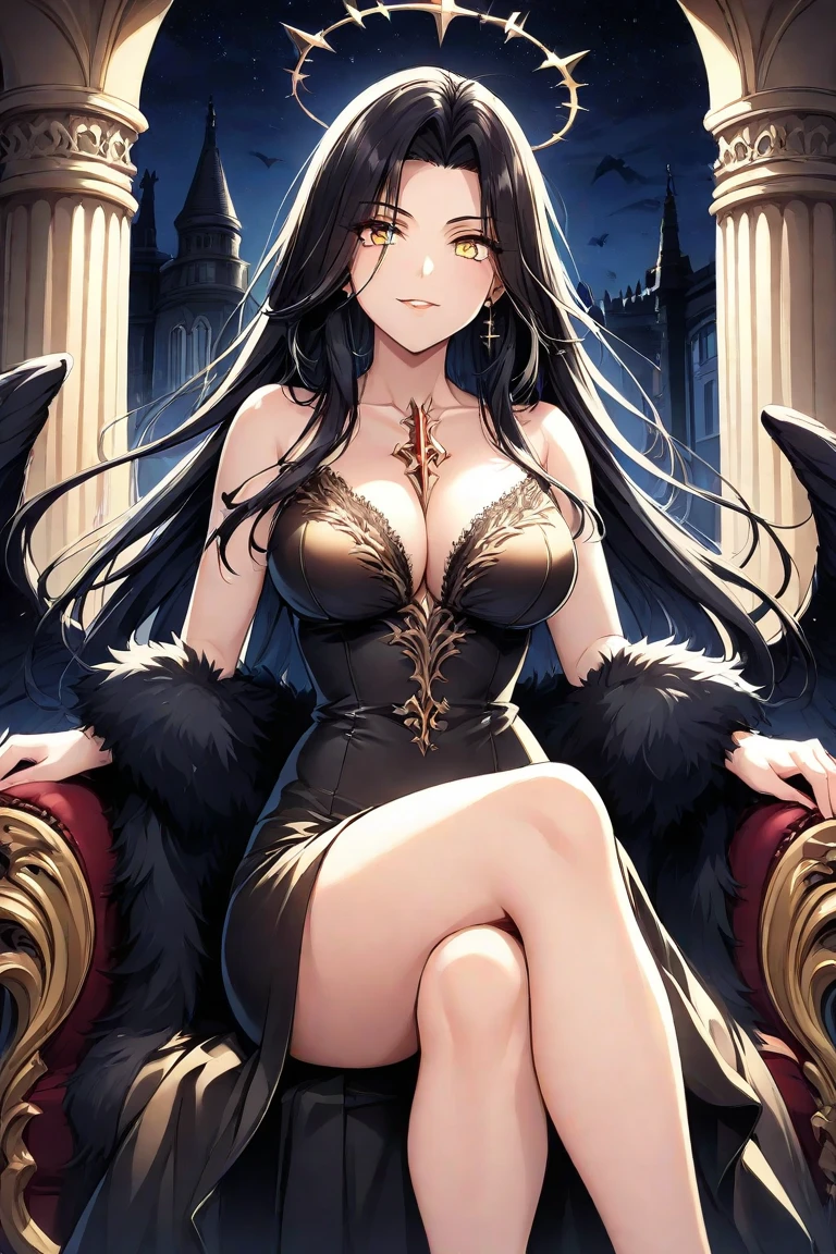 Black-haired dark elf、(Sunburned skin)、(Female Mafia、Female Gangster)、(Huge breasts)、(Black bodycon lit)、Gold string panties、Camel toe、(Revealing outfit)、(Fantasy decoration)、(Wide Hips、Thick thighs、glamorous、curve、Are fat)、(Black garter belt、Gold Long Boots)、(slit)、NSFW、(Big shoulder tattoo、big arm tattoo、big thigh tattoo、large tattoos all over the body,)、(Sit in a luxurious big chair、Crossing your legs)、(casino、Gambling grounds)、(Holding a wine glass)