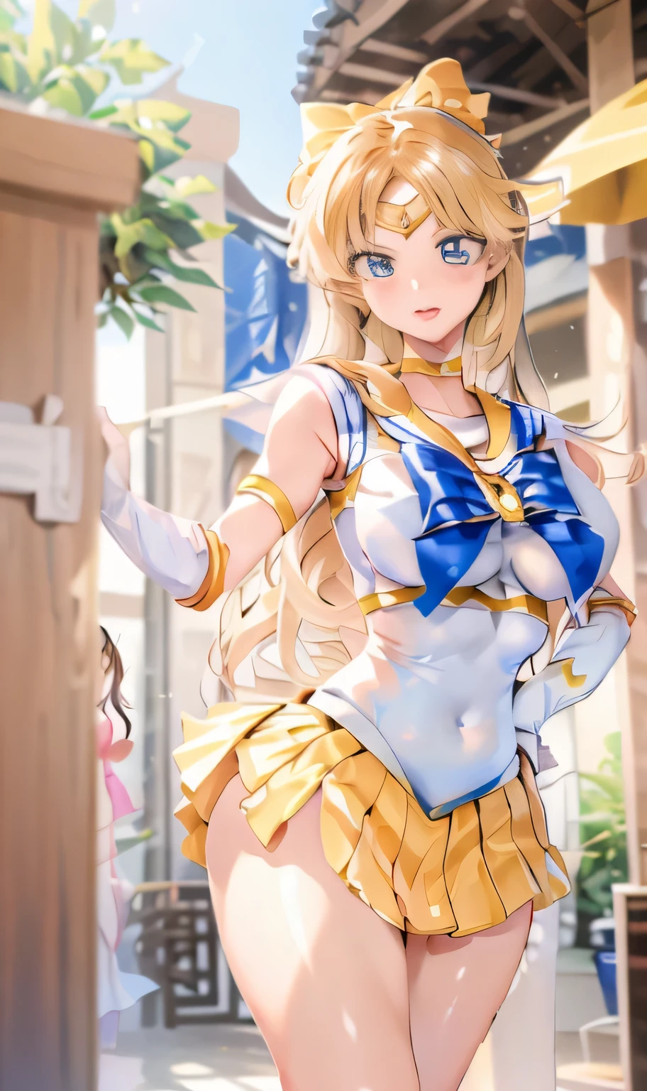 masterpiece, Highest quality, Highly detailed CG Unity 8k wallpaper, (a beautiful girl), , Elegant long straight blonde hair, (Flat Chest,Thighs), (Orange-blue) Golden (Sparkly tutu,long rabbit ears headgear, , bow tie, white panties, ), (run away), (blush), Oilskin, (Captivating smile), (Wonderland), Pretty face, Key Art, Awards, , Photorealism, Hyperrealism, Ultra-realistic, Nice views, Depth of written boundary ,standing split,full body,standing on one leg,white background