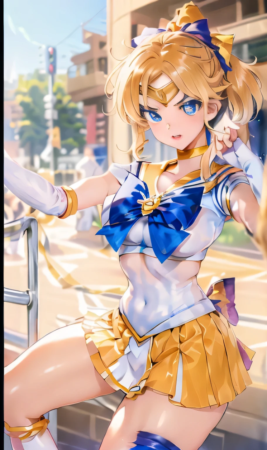 (top-quality:1.1), (​masterpiece:1.4), (absurderes:1.0), portlate, a closeup,
1little girl, Sailor Uranus, KizukiAi,, large full breasts, Aqua Eye, blonde  hair, Sailor Senshi Uniform, Sailor collar, chest bow, yellow ribbon, Appealing skirt, White elbow gloves, Street, a street, alleyway, (red blush:1.2), looking at the viewers, erectile nipple、Show off panties、Ultra Miniskirt、dynamicposes、(look from down:1.2)、Cameltoe.groin、Navel、Spread legs.NSFW