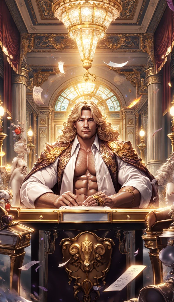 16 k,  and cinematic style portraying Thor in a humorous and relaxed way. Depict Thor sitting in an armchair with , visibly relaxed and with an expression of fun on his face, as if he were slightly intoxicated. Place the hammer Mjölnir on a table next to him.