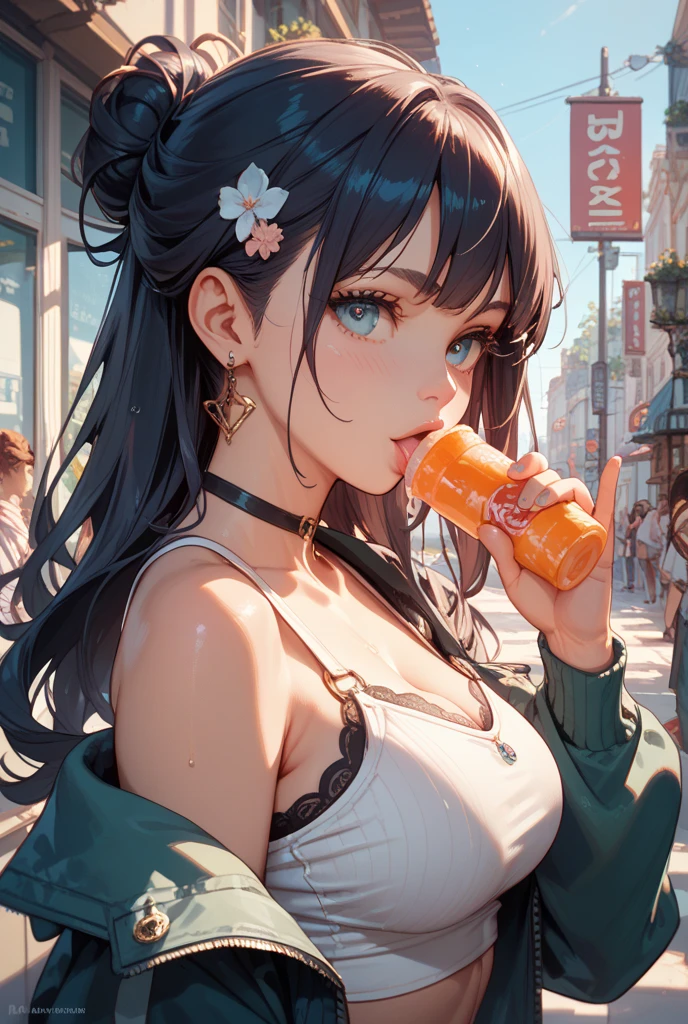 long dark hair / big tits / brown eye / eats ice cream / in the park
