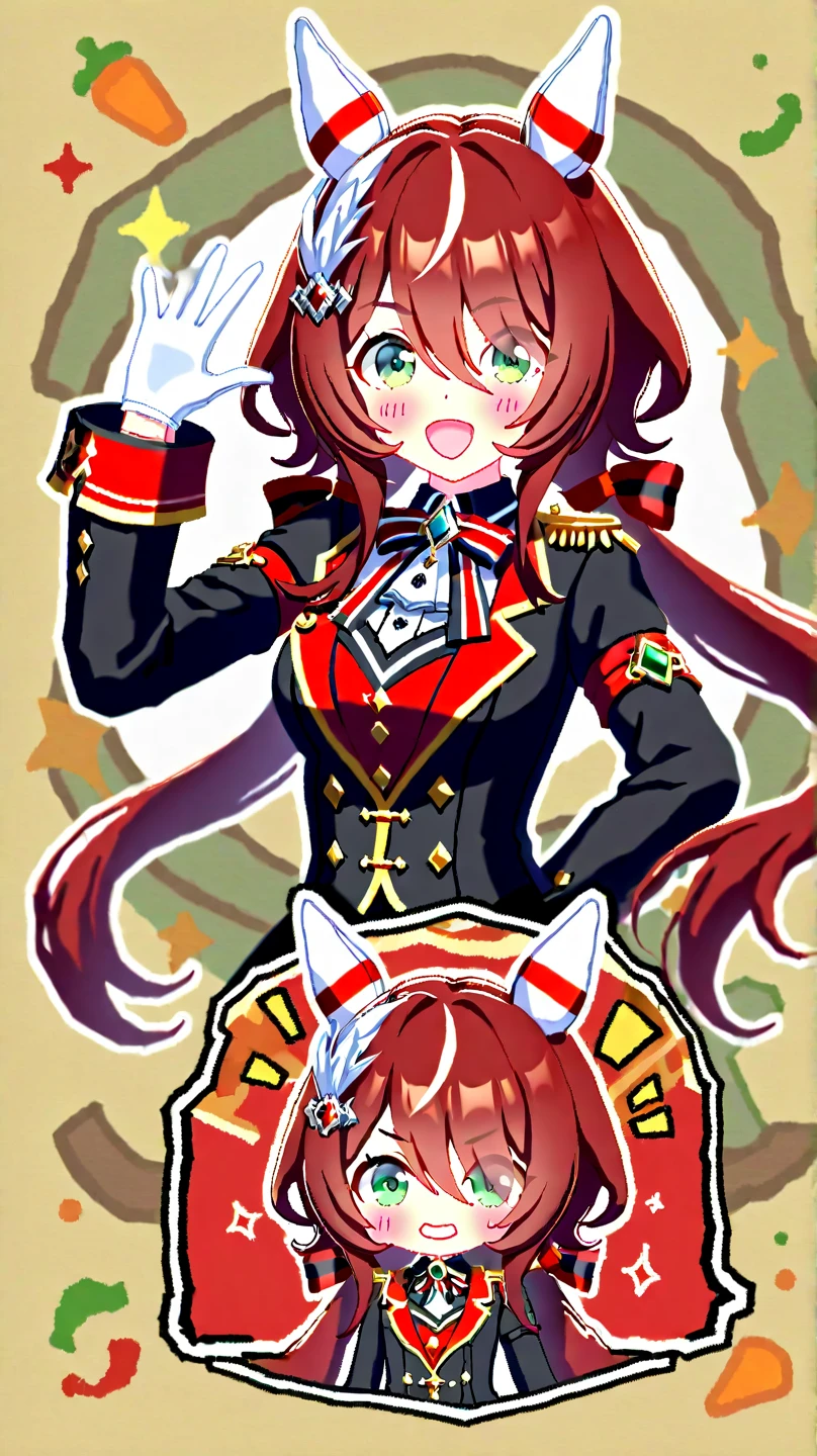 buzz,win variation \(umamusume\),, umamusume, win_variation_\(umamusume\), 1girl, :d, animal_ears, , ear_covers, feather_hair_ornament, feathers, gloves, green_eyes,  hair_between_eyes, hair_ornament, hair_ribbon, , horse_ears, horse_girl, horse_tail, jacket, long_hair, long_sleeves, looking_at_viewer, low_twintails, red_hair, ribbon,twintails, two-tone_ribbon, white_gloves