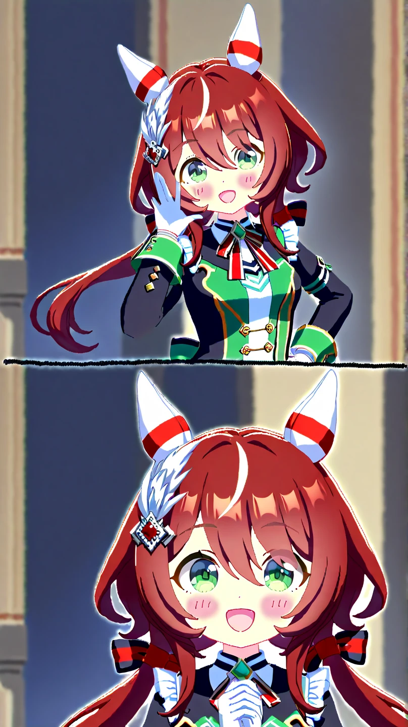 buzz,win variation \(umamusume\),, umamusume, win_variation_\(umamusume\), 1girl, :d, animal_ears, , ear_covers, feather_hair_ornament, feathers, gloves, green_eyes,  hair_between_eyes, hair_ornament, hair_ribbon, , horse_ears, horse_girl, horse_tail, jacket, long_hair, long_sleeves, looking_at_viewer, low_twintails, red_hair, ribbon,twintails, two-tone_ribbon, white_gloves