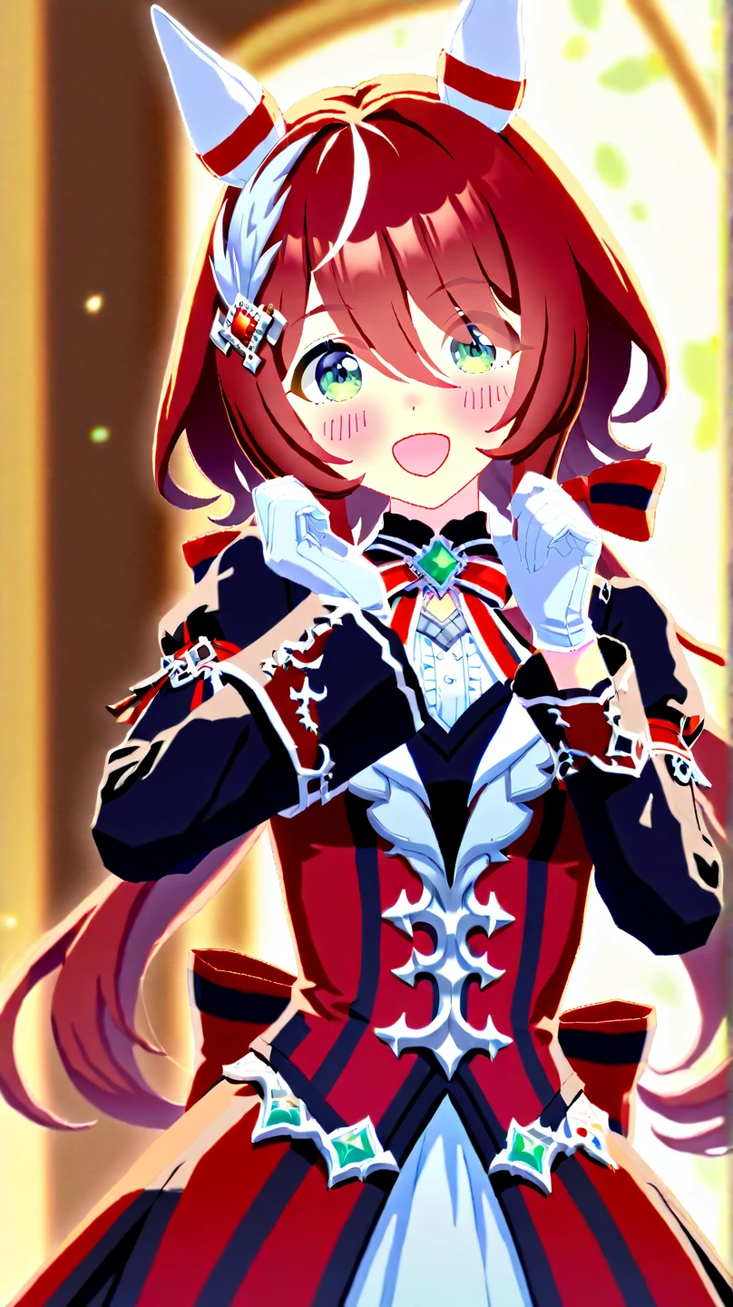 buzz,win variation \(umamusume\),, umamusume, win_variation_\(umamusume\), 1girl, :d, animal_ears, , ear_covers, feather_hair_ornament, feathers, gloves, green_eyes,  hair_between_eyes, hair_ornament, hair_ribbon, , horse_ears, horse_girl, horse_tail, jacket, long_hair, long_sleeves, looking_at_viewer, low_twintails, red_hair, ribbon,twintails, two-tone_ribbon, white_gloves