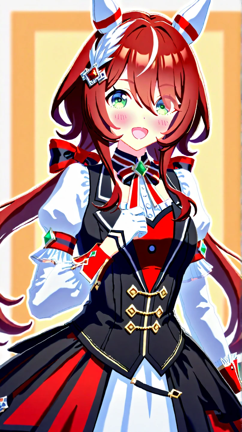 buzz,win variation \(umamusume\),, umamusume, win_variation_\(umamusume\), 1girl, :d, animal_ears, , ear_covers, feather_hair_ornament, feathers, gloves, green_eyes,  hair_between_eyes, hair_ornament, hair_ribbon, , horse_ears, horse_girl, horse_tail, jacket, long_hair, long_sleeves, looking_at_viewer, low_twintails, red_hair, ribbon,twintails, two-tone_ribbon, white_gloves