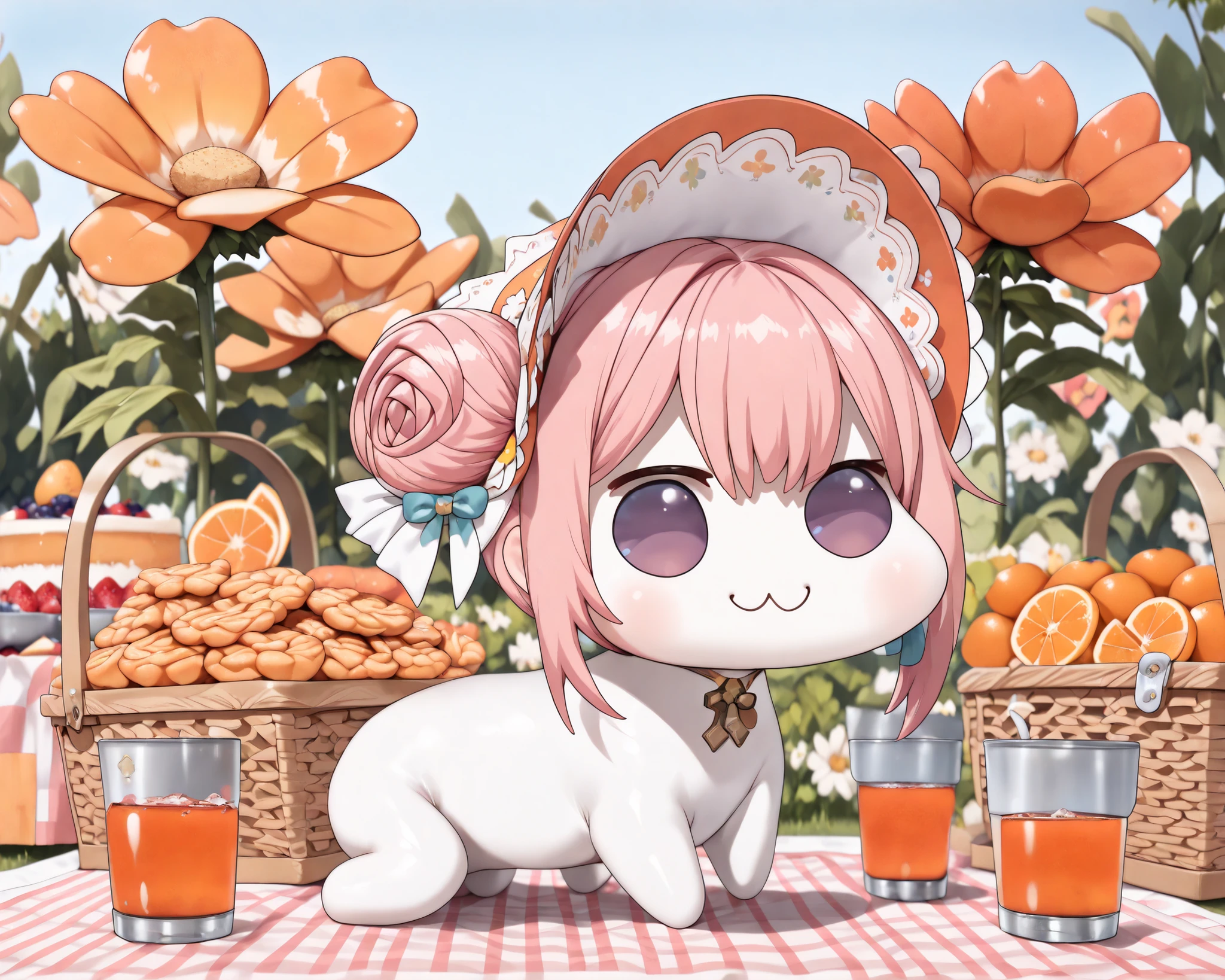 score_9, score_8_up, score_7_up, score_6_up, source_anime, (((absurdres))), (((128K Ultra High Resolution))), (masterpiece, best quality: 1. 5), (high definition: 1, 5), (((highres))), 8K wallpaper, (excellent graphics: 1. 5), CG, (best illustration, highly detailed artwork: 1. 5), (hyper realistic: 1. 5), ((cinematic lighting)), (intricate detail, extreme detailed, super detailed, exquisite details: 1. 5), (beautiful & aesthetic: 1. 5), ((photoreal)), (((very gorgeous and dazzling))), (solo: 1. 5), (small size Doro, small Doro, only one Doro, 1 Doro: 1. 5), (cute Doro: 1. 6), Doro, creature, :3, (((chibi))), (((pink hair, purple eyes, hair bun, hair bow, four legs, white skin, solid circle eyes, no pupils, no tail, no eyebrows, no nose, no ears, soft texture))), (pure white body, pure white skin, pure white face:1. 5), (small head: 1. 3), no humans, ((a feeling of warmth)), (Doro goes on a picnic, Doro sitting on a picnic tablecloth, having a picnic: 1. 5), (((wearing a pretty pioneer bonnet))), (Doro in the park garden, orange trees, beautiful orange color flowers: 1. 5), (picnic basket is filled with delicious food, picnic basket with packed lunches: 1. 7), (cutted orange, orange slice, orange cake, orange chess pie, orange drop cookies, orange pudding, orange jelly, orange juice: 1. 5), ((orange fruits)), (((peaceful sunny day on spring))), (happy moments: 1. 5), (Doro has a good time, happy smile: 1. 5), (Doro is delighted to go on a picnic, delighted, joyful, true happiness, happiest time: 1. 5), ((a slice of life)), (splendid scenery background), (bright color), from side, ((wide angle))