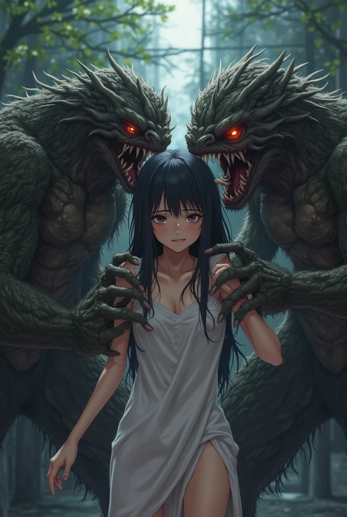 Create an image of a female character from the demon slayer anime with ice breath tied up and gagged in a corner of a dark prison and onis at her side

