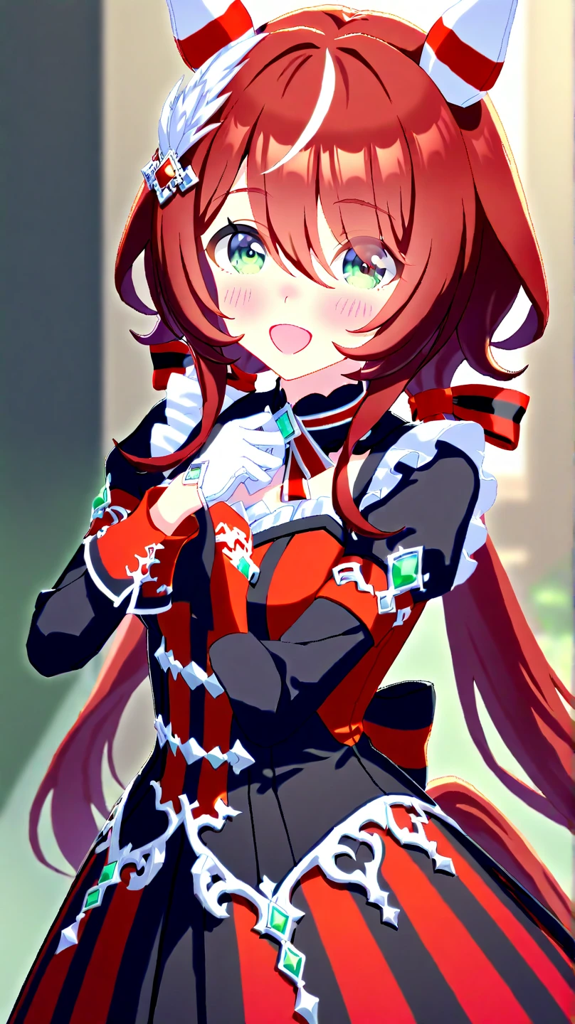 masterpiece, best quality, ultra detailed, detailed eyes, sparkling eyes, score_9, score_8_up, score_7_up BREAK
shobufuku, 1girl, solo, long hair, breasts, looking at viewer, smile, open mouth, bangs, hair ornament, gloves, animal ears, hair between eyes, green eyes, upper body, white hair, red hair, multicolored hair, one eye closed, black gloves, streaked hair, horse ears, (double v, stage,idol, audioence, spotlight), 
