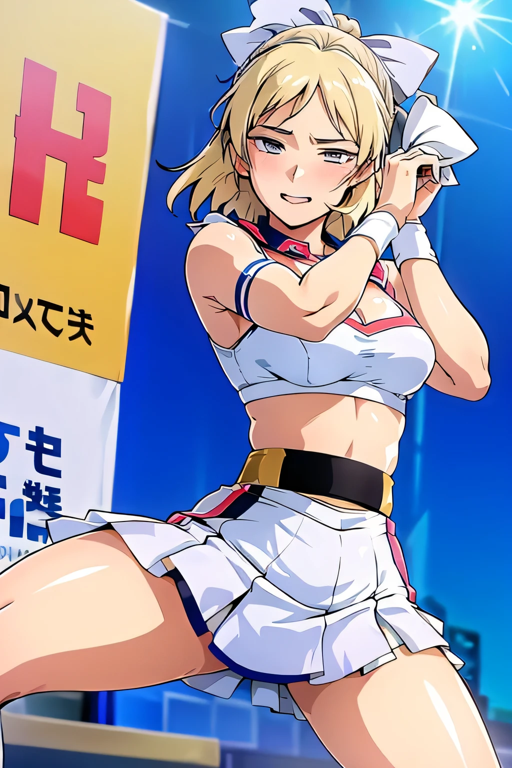 Blonde girl eating steak at steakhouse　Wearing sneakers　High leg shorts with suspenders　Large Breasts　Showing her belly button　Ultra low rise　Knee-high socks　　No underwear　Belt on chest