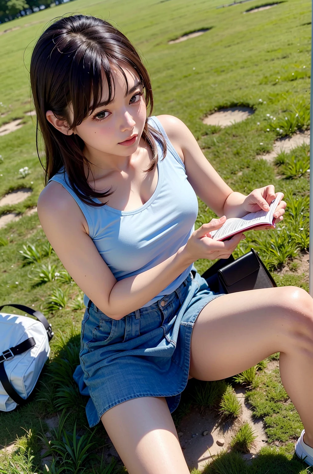 1girl, 18 years old busty woman, top view shots, eye glasses, short ponytail hair, bangs, light pink blush, sitting on a big rock, dark forest, white short sleeve, cleavage, big , small waist, denim mini skirt, thicc_thighs
thighs, legs, perfect fingers, 