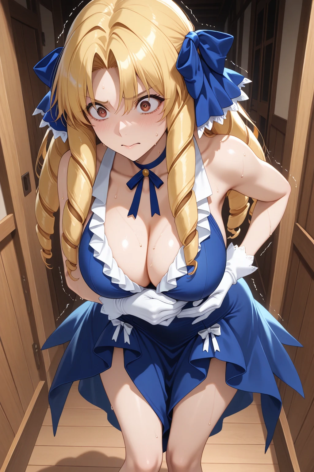 masterpiece, best quality, very aesthetic, absurdres, 1girl,huge tit, naked_apron, kneeing,blush,open mouth, closed eyes, from above,,darkness_(konosuba), kono_subarashii_sekai_ni_shukufuku_wo!, 1girl, long_hair, ponytail, blonde_hair, x_hair_ornament, braid, blue_eyes,,in balcony,floating droplets of water,