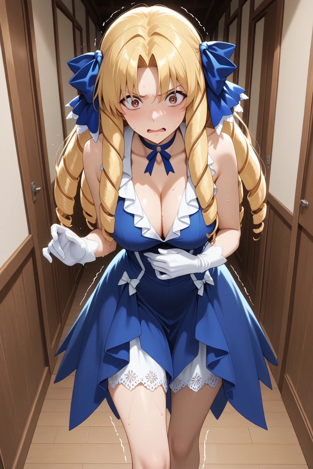 piperBS, 1girl, blonde hair, hair bun, blue dress, puffy sleeves, short sleeves, pink gloves, fingerless gloves, pink belt, shoes, blue footwear, ((((gagged)))), cute and blushing 18 years old anime girl, look away because she is embarrassed and blushes, bright blue eyes, detailed face, detailed members, detailed arms, detailed hands, Girl lying, tied by ropes, shackled, can no longer move, tied tightly, very hard tied up with lots of ropes, hampered by so many ropes that she can no longer move, bound hands and feet, ropes tie his whole body, tied extremely tightly and forcefully to her bed by a lot of ropes, its limbs are strongly tied together by ropes, his torso is tied up with thick cords, her chest is so tied up with ropes that it sticks out, her legs are tied tightly with thick ropes, his hands are tied behind his back with ropes, she can no longer move her feet, her hands which are tied by thick ropes, she desperately tries to free herself, likes to be tied tight with big ropes, likes to be immobilized by big ropes, lying down, his hands and feet are strongly tied to the railing of his bed, his legs are pressed together and tied with ropes, its limbs are held vigorously by imposing ropes, her hands are tied securely behind her back by ropes, her chest is compressed by strong ropes, she is pressed against her bed and restrained by large ropes, (shibari, arms behind the back:1.4), (hands on the back), (masterpiece, best quality) 1.5, 1girl, solo, (sexy, beautiful woman, perfect face, perfect eyes, perfect hands), samus aran, (hands on the back), Spread the legs, s&#39; ((lie in bed by big ropes)), ((close up of the girl)), ((((lie in bed)))), ((((arms tied behind the back, Legs Tied,La fille est allongée sur le ventre, La fille est allongée sur le sol:1.5)))), ((((girl seen from behind:1.4)))), ((((girl lying down on her stomach:1.4)))), ((((Outstretched arms:1.5)))), ((((Detailed hands:1.5)))), ((((bedroom decor:1.4)))), ((((realistic decor:1.4))))