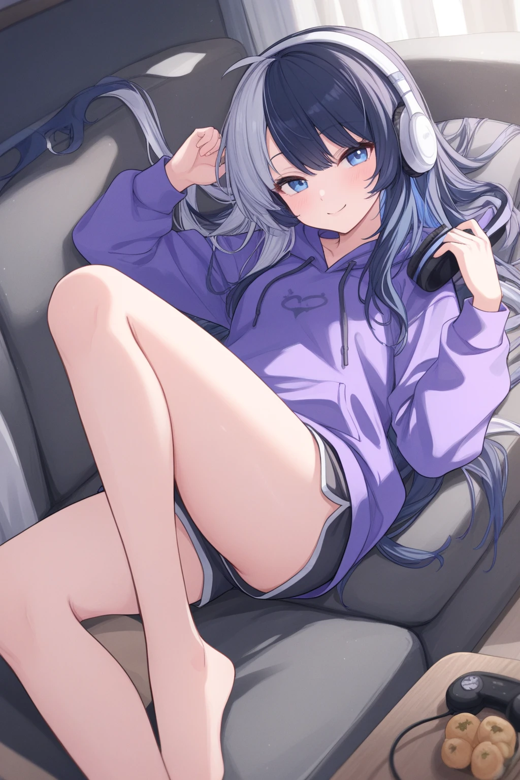 Lying on the floor in the room、Picture a person listening to music with their feet up on the bed。  One person, 