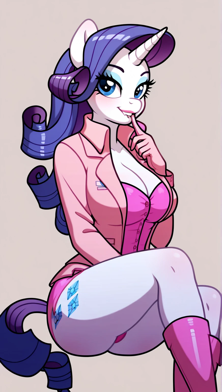 My little pony, anthro, dark blue detailed hair, white body, brown eyes, very seductive pose, opened her mouth, and strings of saliva stretched, saggy panties, big breasts, pussy under panties, finger on tongue, heart collar, earrings, piercing, black eyeshadow, black nails, patterned underwear, (pink school uniform)