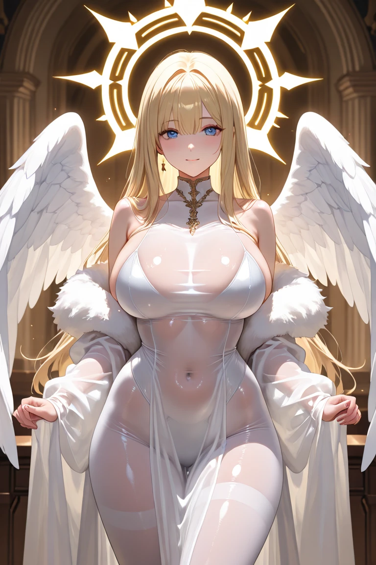 An angel with pale skin, long blonde hair and small breasts, with large feathered wings, naked, her feet are bare, her breasts are visible, her pubis is visible, legs spread apart, lying flat on her back on an altar of white and gold, in full view in high quality