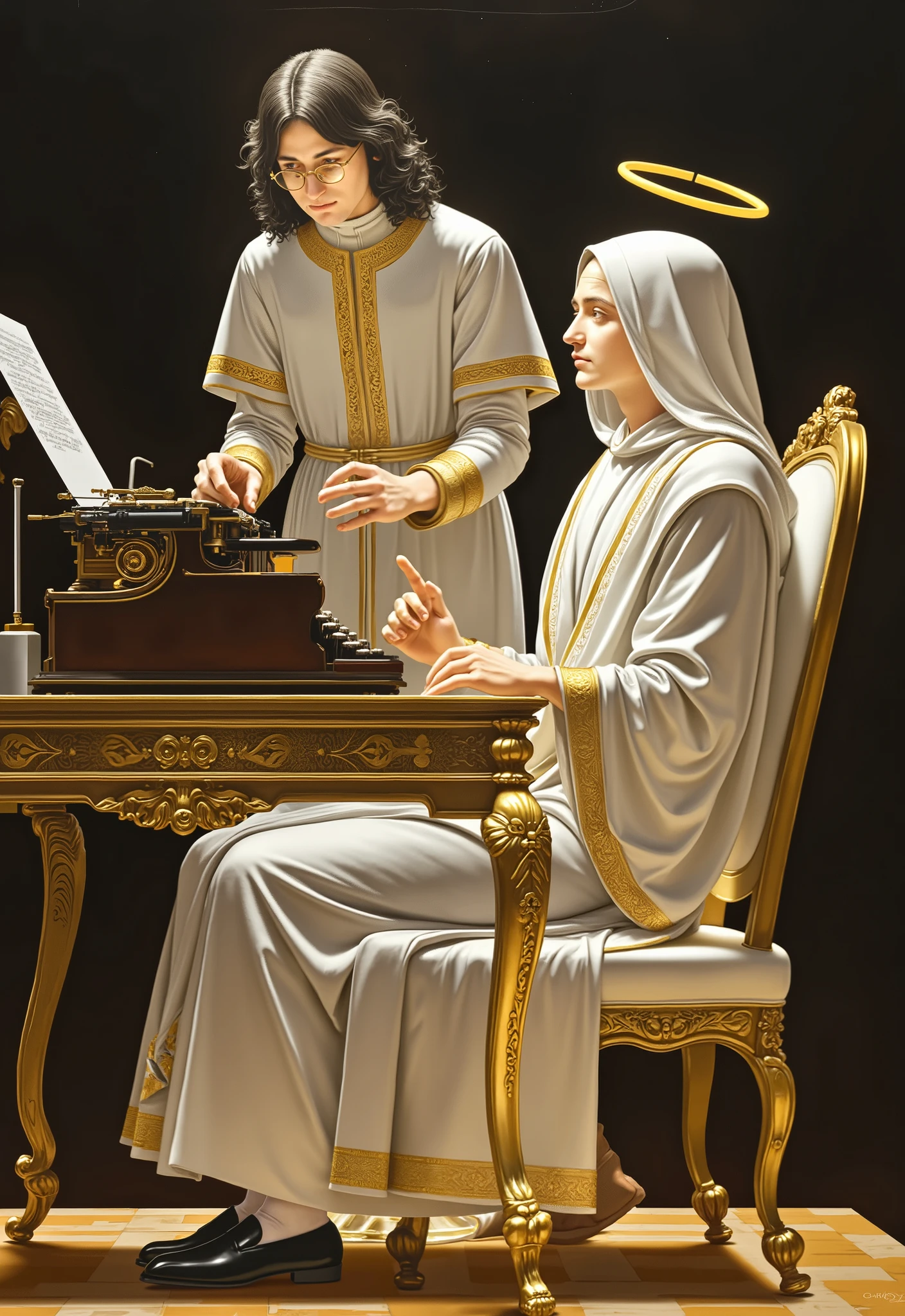 Round table talks of the gods. Da Vinci style, oil painting, 1 male, clever, black medium hair with parted bangs, yellow traditional halo, rimless round eyewear, white colored priest-garb, gold lines white robe, white long pants, black loafers, sitting, using typewriter, from to side, luxurious stone round table, luxurious white chair, gods,