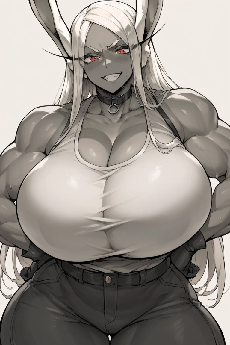 venusbody,1girl,solo,(huge breasts:1.1),gigantic hips,wide hips,thick thighs,(huge thighs:1.3), slim waist,tube top,microskirt,smile,happy,open mouth,thighhighs,very long hair,short hair,brown hair,(Dark skin:1.4),blonde hair,forehead,looking at viewer,outdoors,collar,glasses