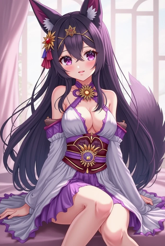 Anime Girl, Purple cat ears, Long hair, beautiful clothes, Gouves style, 4K clarity, cgstation pop music, Antique buildings, Sexy Girls, attractive, Original God Kru, Anime style, 8K, Beautiful anime woman, Women's Front.