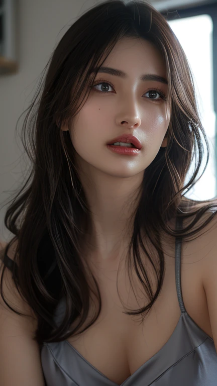 realistic, High resolution, [[[ Only one girl ]]] Close-up、cleavageをClose-up、Only from the chest up、Bust-up photoshoot、A close-up photo of cleavage、、wavy brown hair,  blue eyes, small mole under the eye, Tight black t-shirt,wet body、 upper limbs,big breasts、breasts pointing upward、cleavage、8K,very detailed, High resolution,towards the camera ( 1 single woman)((highest quality、8K、masterpiece：1.3))、sharp focus：1.2、partial photo、(natural soft light、city street:1.1)、