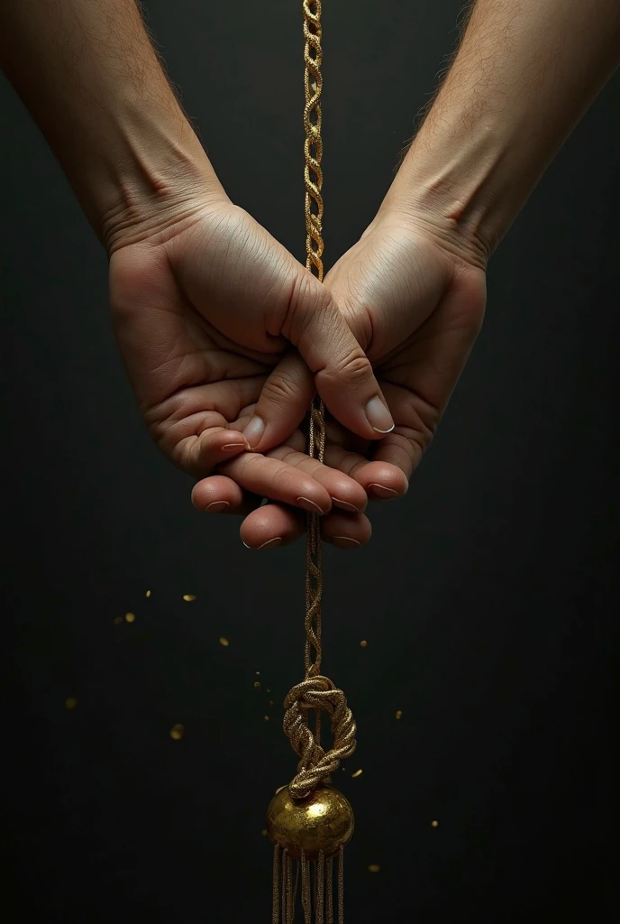 A hand suspended in the air, with a noose around the middle finger as if she were hanged