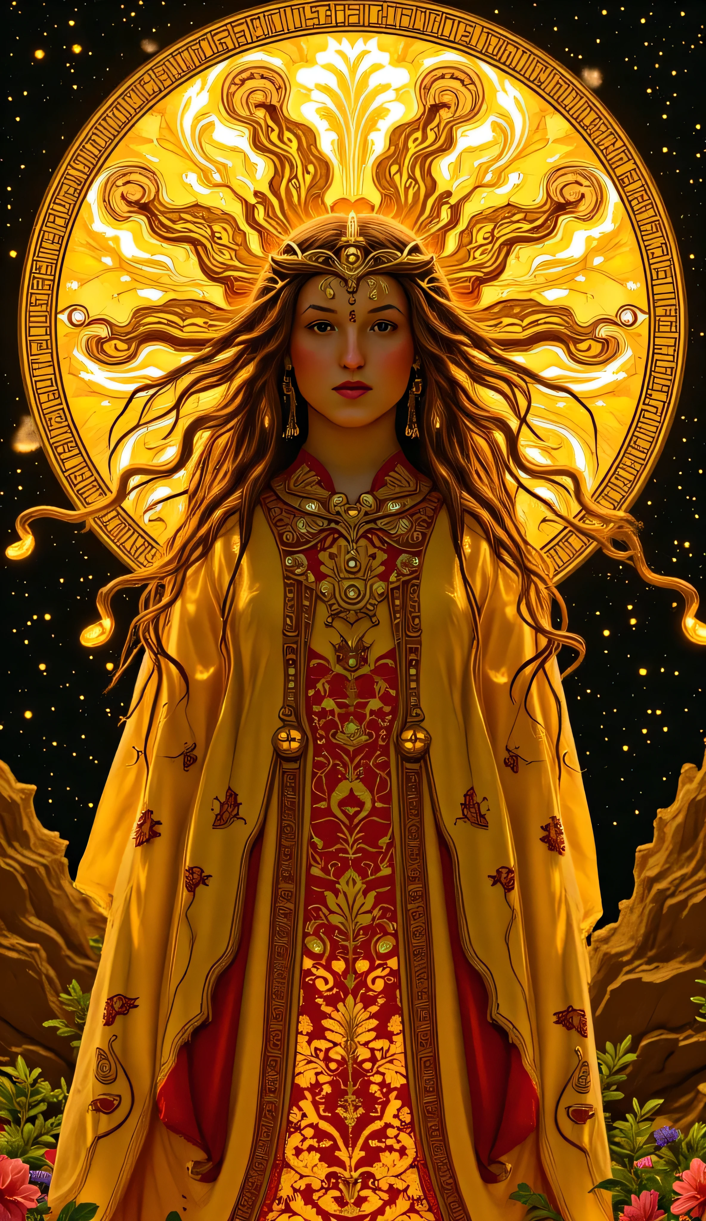 Bella Ramsey as Ra, Sun Goddess, surreal psychedelic Art Nouveau style, mystical alchemical motifs, radiant skin shimmers with golden hues, hair flowing like liquid sunlight, entwined with serpents and scarabs made of stained glass, wears a flowing robe of fire-patterned silk that morphs into golden feathers and solar flares, headdress resembles an ornate celestial crown with swirling orbs, peacock eyes, radiant spirals, Egyptian sun iconography with Gustav Klimt’s ornamental detailing, mandala-like solar disc pulses with fractal energy behind, ancient runes, planetary symbols orbit, glowing multicolored trails, surreal desert flora bloom around feet, glowing under a polychrome sky, ethereal, intricate, visionary, divine, highly decorative, inspired by Alphonse Mucha, Alex Grey, Egyptian mysticism
