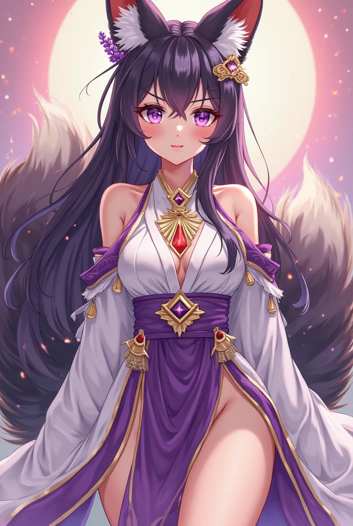 masterpiece, (intricate details), (colorful),cinematic lighting,extremely detailed CG unity 8k wallpaper ,hinata\(boruto\), 1girl, solo, perfect face, looking at viewer, room, nude, perfect breasts, smile, full body, standing, fox ears, long fox tails, landscape, space, nebula, moon ans stars, galaxy