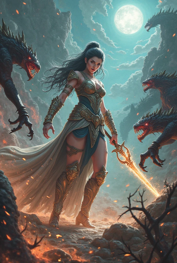 ((best quality)), ((masterpiece)), (detailed), A digital illustration of a furious queen fighting off crowd of monsters with a sword in a desert stormy setting. The woman has long black hair and is wearing a full traditional queen war attire.