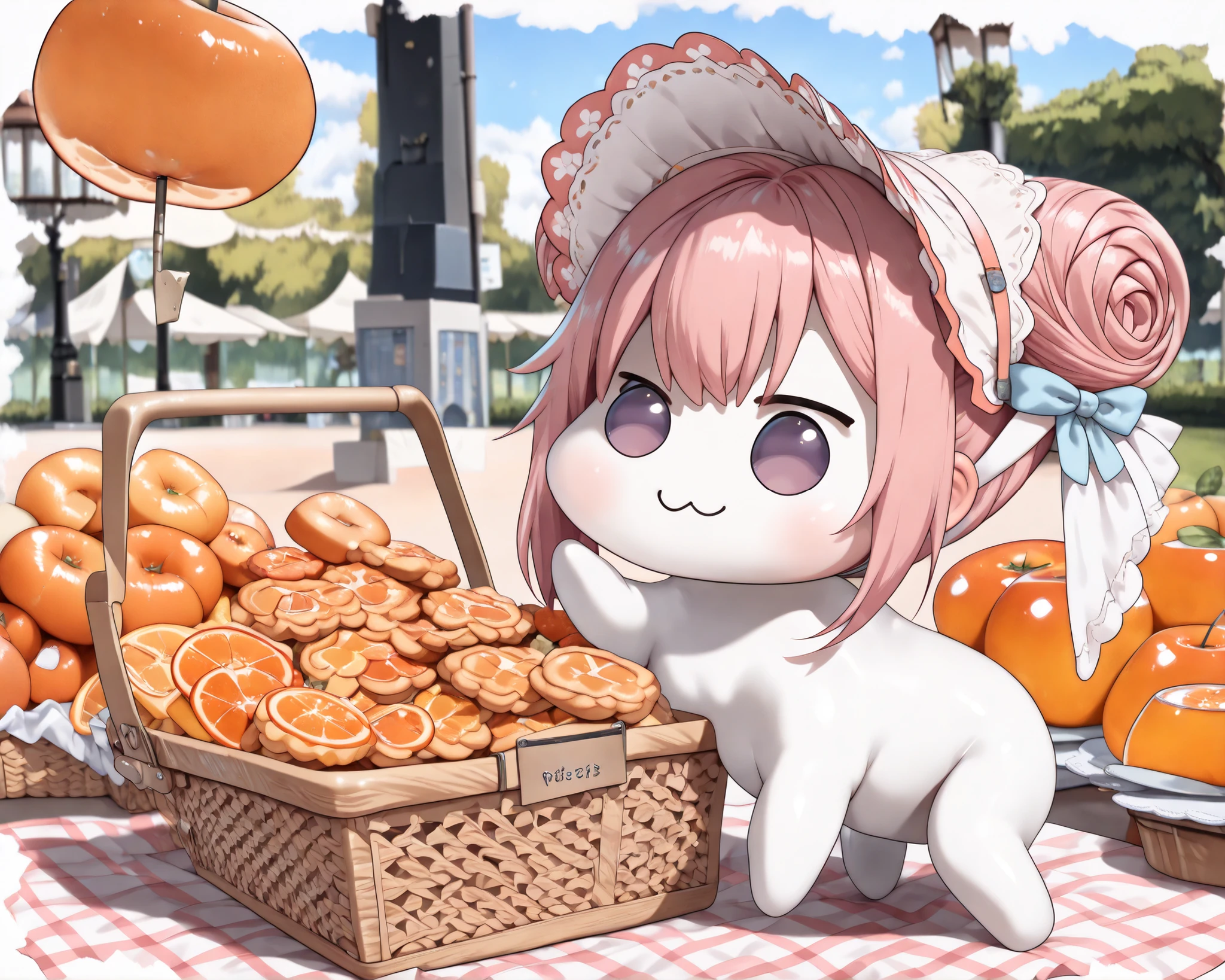 score_9, score_8_up, score_7_up, score_6_up, source_anime, (((absurdres))), (((128K Ultra High Resolution))), (masterpiece, best quality: 1. 5), (high definition: 1, 5), (((highres))), 8K wallpaper, (excellent graphics: 1. 5), CG, (best illustration, highly detailed artwork: 1. 5), (hyper realistic: 1. 5), ((cinematic lighting)), (intricate detail, extreme detailed, super detailed, exquisite details: 1. 5), (beautiful & aesthetic: 1. 5), ((photoreal)), (((very gorgeous and dazzling))), (solo: 1. 5), (small size Doro, small Doro, only one Doro, 1 Doro: 1. 5), (cute Doro: 1. 6), Doro, creature, :3, (((chibi))), (((pink hair, purple eyes, hair bun, hair bow, four legs, white skin, solid circle eyes, no pupils, no tail, no eyebrows, no nose, no ears, soft texture))), (pure white body, pure white skin, pure white face:1. 5), (small head: 1. 3), no humans, ((a feeling of warmth)), (Doro goes on a picnic, Doro sitting on a picnic tablecloth, having a picnic: 1. 5), (((wearing a pretty pioneer bonnet))), (Doro in the park garden, beautiful flowers: 1. 5), ((Doro holds a orange in her hand)), (picnic basket is filled with delicious food, picnic basket with packed lunches: 1. 7), (cutted orange, orange slice, orange cake, orange chess pie, orange drop cookies, orange pudding, orange jelly, orange juice: 1. 5), (((orange fruits))), (((peaceful sunny day on spring))), (happy moments: 1. 5), (Doro has a good time, happy smile: 1. 5), (Doro is delighted to go on a picnic, delighted, joyful, true happiness, happiest time: 1. 5), ((a slice of life)), ((splendid scenery background)), (bright color: 1. 3), from side, ((wide angle))