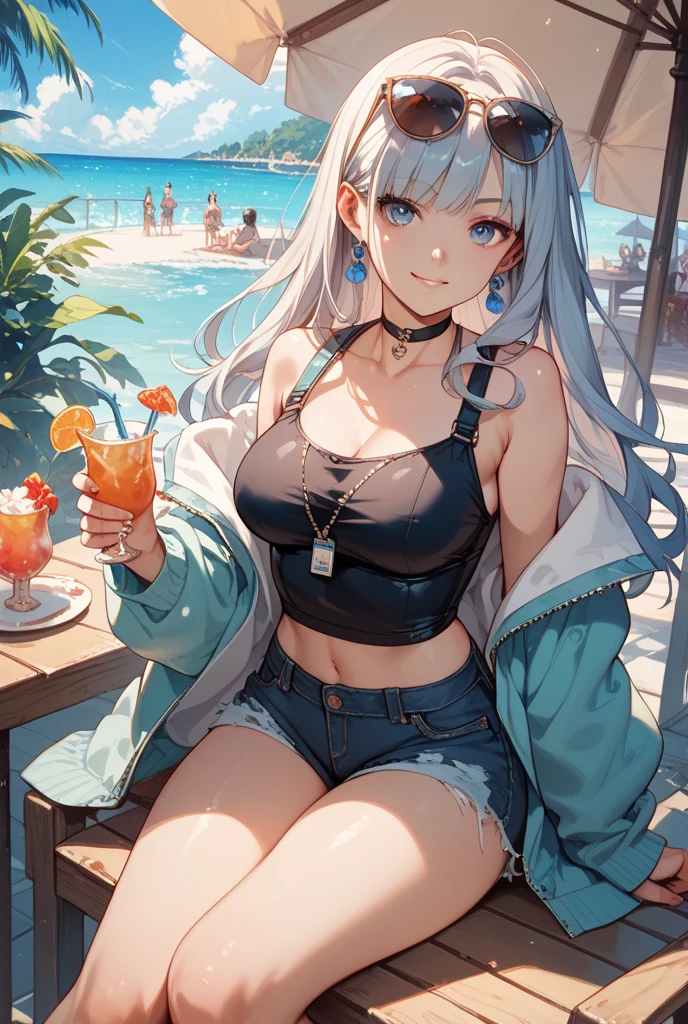 最high quality、best image quality、masterpiece、teenage girl((18-year-old、 By becoming、vest bust、medium bust,wide open breast tea、black eye, blonde hair、Habitual hair、long hair、thin,highest valley、blue shorts、Holding a plastic bottle、troubled face、heart tattoo、black aloha shirt、open your legs、sweating、base cap)),high quality、beautiful art、background((Hawaii、Waikiki、Palm tree、Hawaiiのホテル))debris flies、Depth of written boundary、movie、visual art、perfect art、8K,genuine