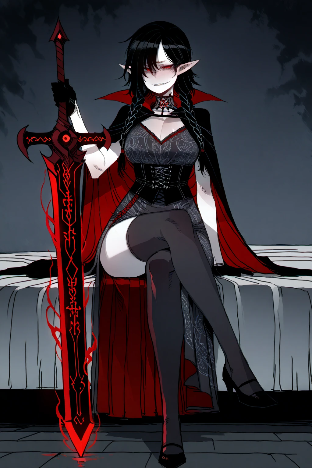 (style of Hayao Miyazaki Ghibli:1.5), woman standing in enchanted forest carrying glowing sceptor,(perfect face, couture:1.1),(21 years old, cleavage, skinny, slender, young woman:1.1),(Oval-shaped face, luminous complexion, Bright almond-shaped eyes, Arched defined thin eyebrows, retrousse nose, bow-shaped lips:1.2),(backlit curly layered white medium hair:1.3),(dark fantasy realm),eerie moonlit forest,twisted trees with gnarled branches,mist swirling around,regal neckline,(majestic yet malevolent queen),(deep crimson gown:1.2),intricate black lace detailing,long flowing sleeves with tattered edges,high collar framing the face,blood-red gemstone necklace,(sinister elegance),black leather gloves,thigh-high boots with spiky heels,holding glowing,nightmarish elements blending with a sense of twisted seduction,(panty peek:1.1)