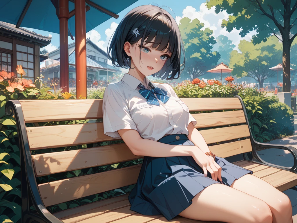 a girl，slim body，short black hair，JK，short skirt，Slender and full legs，sitting on park bench，Show her legs