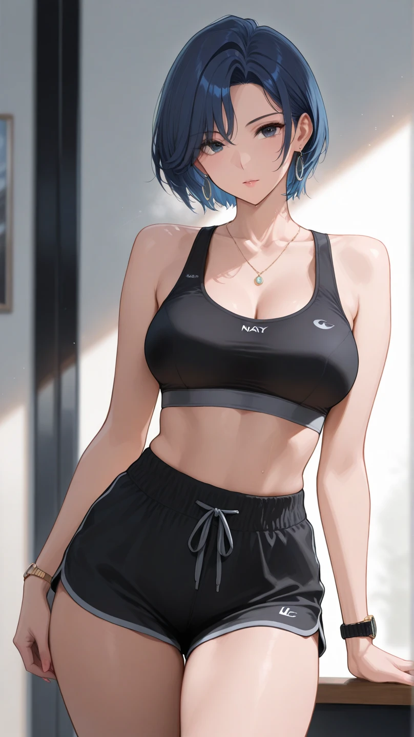 1 girl, Chests, night orchid_(Genshin_Influence), alone, big deal_Chests, split, shorts, navel, green_Eye, blue_hair, mole_exist_Chest, watching_exist_audience, Smile, diagexistal_Bangs, Black_shorts, Bangs, mole, only_Shoulder, short_hair, thigh, blush, collarbexiste, diaphragm, cowboy_shooting, dolphin_shorts, clothing_pull, colorful_hair, short_shorts, closure_Mouth, Stomach, alternexiste_Costumes, braid, tank_top, only_arms, blunt_Bangs, bob_cut, Black_hair, crops_top, 