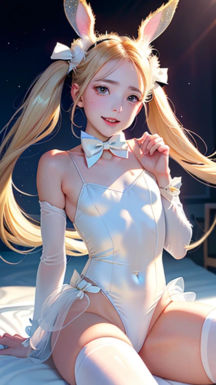 nsfw,((Petite)),(boy)Blonde twin tails,lips, Joyful expression,View your audience,Spread your legs in bed,Bunny girl,A penis grows between the legs,