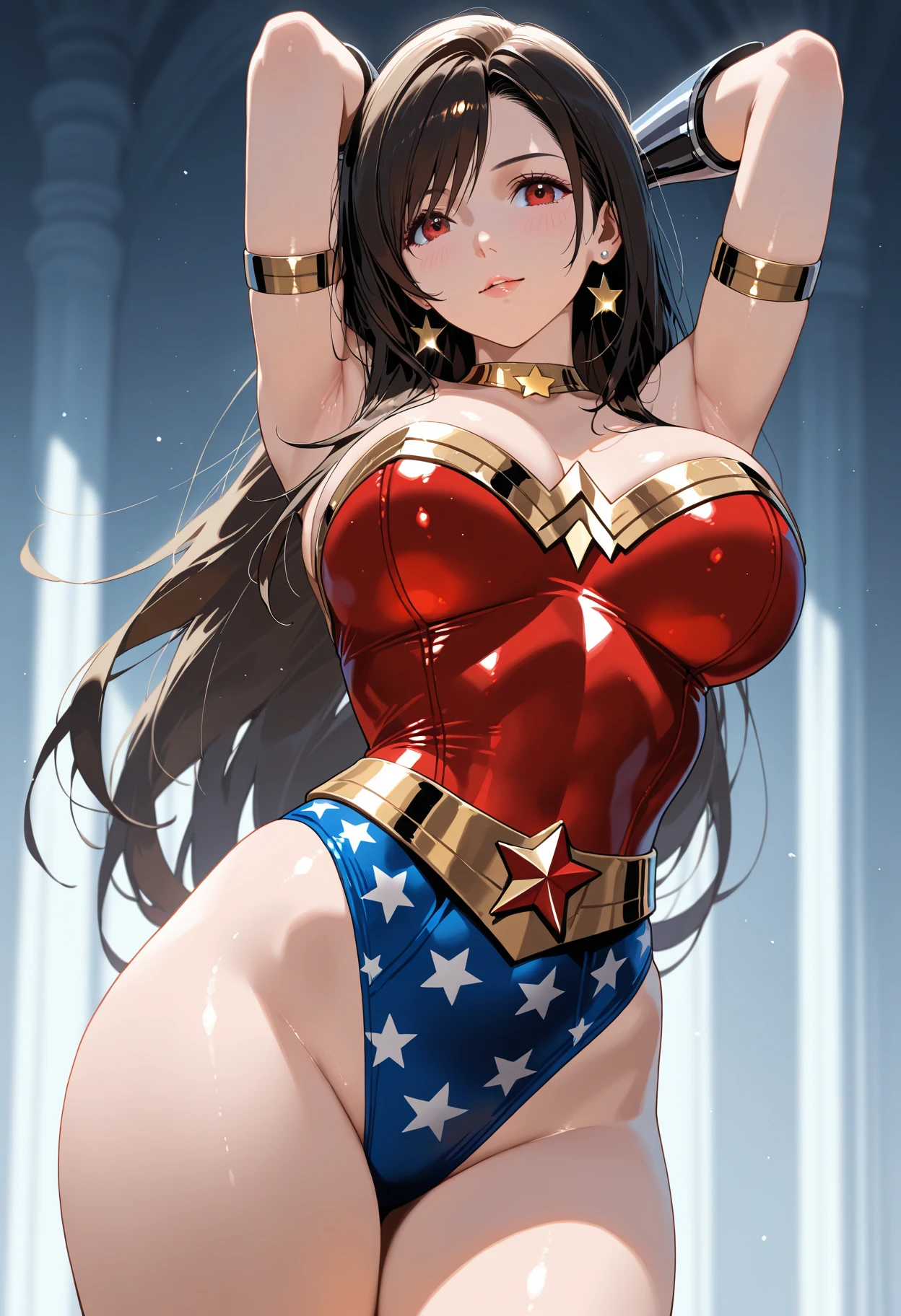 masterpiece, best quality, beautiful art, high resolution, well formed hands, body and fingers, 1 woman, solo, Lumine, wearing a wonder woman outfit , long hair, , adult, big breasted, cleavage, hair ribbon, full body, sexy and skimpy outfit , gorgeous legs and thighs , she is doing exercise, warming up, working out, sexy and captivating training, looking at the viewer, smiling joyfully and happily , sweating , bouncing breasts , training montage session, beach environment