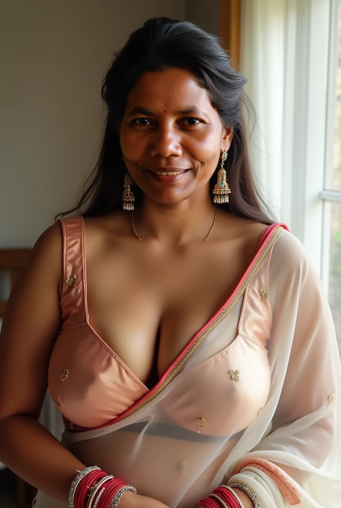 a gritty raw photo of a Indian mature woman ,age 50, 5'9" height,90 kgs body weight,brunette hair,detailed face,detailed body,super busty,bbw, fat body dancing in the beach completely naked
