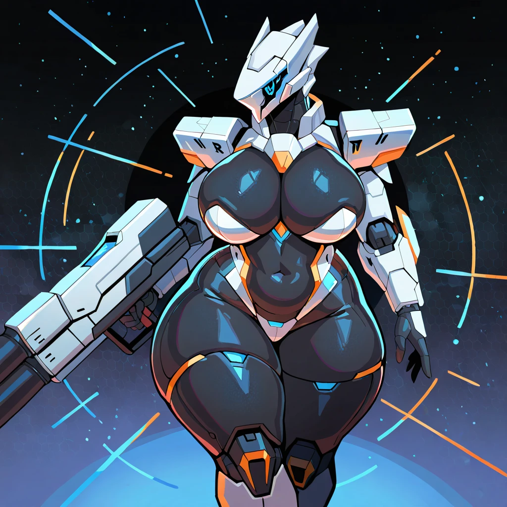 Sojourn from the video game Overwatch, African Canadian mature woman with short white hair, tall of height, cybernetic legs from knee to foot, skimpy thin layer leotard, thick thighs, curvy body, wide hips, gorgeous face, sexy, cleavage with large breasts, very dark skin complexion