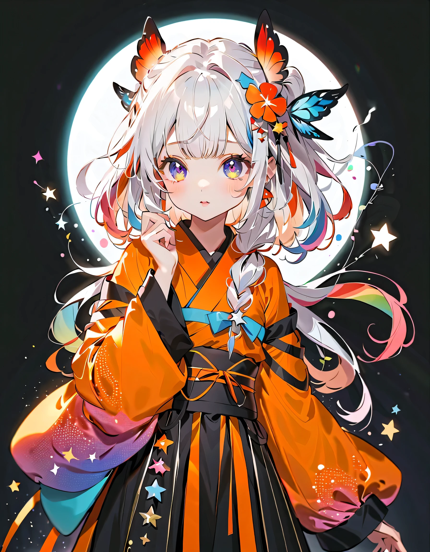 best details、 1 girl,,Blink, ( hair color is whitish white、hair tips are blue )、 World's Cutest Girl ,colorful and cute gothic kimono costume , Star Fairy ,colorful and cute gothic kimono costume with little fairy feathers growing from above your waist 、 surrounded by flesh {x} simple background、 best details 、 long wide cuffs 、Rainbow Hair Ornament、 Virtual YouTuber Character Design 、 sparkling、 detail eyes with blue string 、Delicate hair