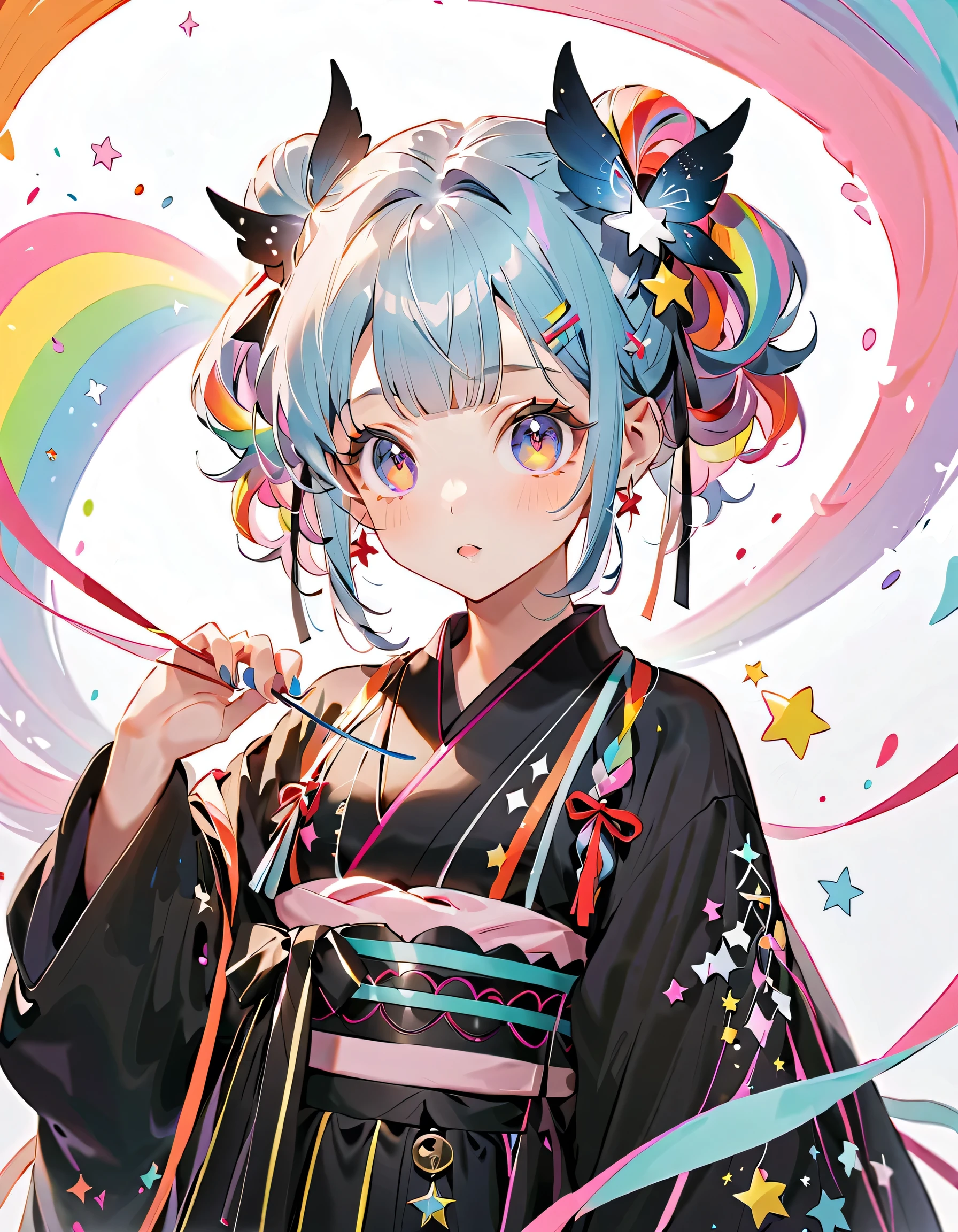 best details、 1 girl,,Blink, ( hair color is whitish white、hair tips are blue )、 World's Cutest Girl ,colorful and cute gothic kimono costume , Star Fairy ,colorful and cute gothic kimono costume with little fairy feathers growing from above your waist 、 surrounded by flesh {x} simple background、 best details 、 long wide cuffs 、Rainbow Hair Ornament、 Virtual YouTuber Character Design 、 sparkling、 detail eyes with blue string 、Delicate hair