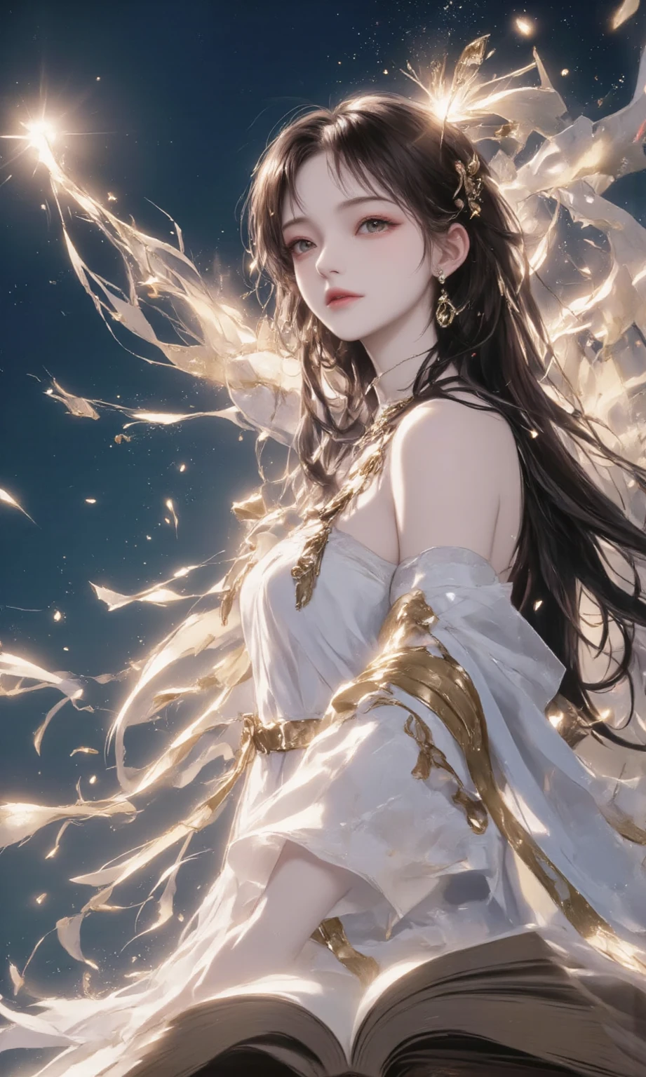 laser,Zhongnan Artificial Intelligence,meishaonv,(best quality,4k,8k,high resolution,masterpiece:1.2),Super detailed,(actual,photoactual,photo-actual:1.37),high dynamic range,ultra high definition,studio lighting,Ultra-fine painting,sharp focus,physiCarlly-based rendering,extremely detailed description,professional,bright colors,Bokeh,portrait,night sky,moon,ribbon,vitality,Dark silhouette,flowing long hair,feminine,Calm expression,sky full of stars,breeze,twinkling stars,peaceful atmosphere,soft light,subtle highlights,Silky texture,wisps of clouds,mysterious atmosphere,ethereal beauty,Carlmness,dreamlike,tranquility at night,magnificent scene,Magic is in the air,Celestial Enchantment,intimate moments,quiet contemplation,elegant posture,sense of surprise,moonlit landscape,tranquility in darkness,sentimental,Romantic,moon's reflection,Carl,
