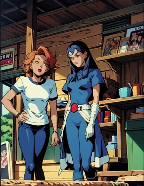 kitty pryde, alan davis, dark blue jacket, cyan leggings, shadowcat, brown curly hair, <lora:Kitty_pryde:1>