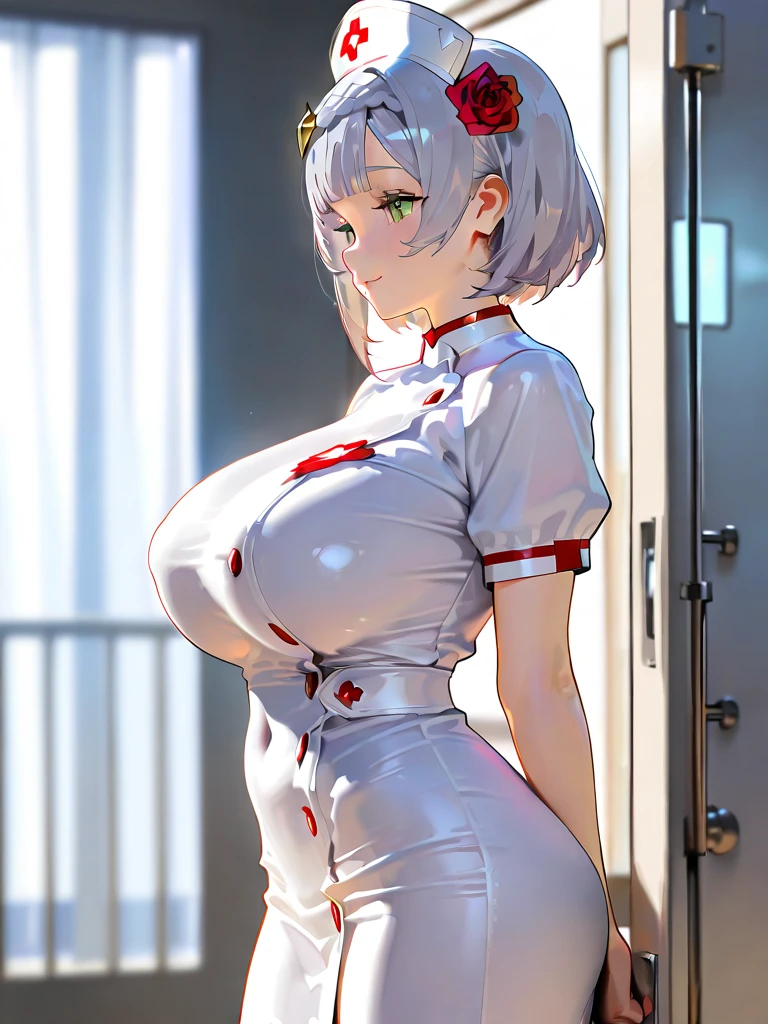 (32K:1.9, Highest quality, masterpiece, Ultra-high resolution), Professional camera work:1.3, Highly detailed skin and face textures:1.3, Always accurate, Very detailed, ((nurse, A dark room in a large hospital:1.4, The moonlight at night illuminates the room:1.2)), (Burstingly Big Breasts, A snug white nurse uniform:1.3, Incredibly slim body), Fair skin, elegant, sense of cleanliness, sensual pose, (Big eyes that exude beautiful eroticism:0.4, A shy smile:1.0, I love you with all my heart:0.8, Please open your mouth a little, lipstick, Feel the beautiful eroticism:0.9), (Silver hair twintails), Stethoscope, Earrings, necklace, bracelet, (romantic, mysterious), Object of admiration, original, dramatic, artistic, Innovative, charm, Heartful, Fancy, sense of openness, special, exciting, Extreme, Tilt, sense of loss, sorrow, Expression of sorrow, ((The charm of youth, Feminine charm))