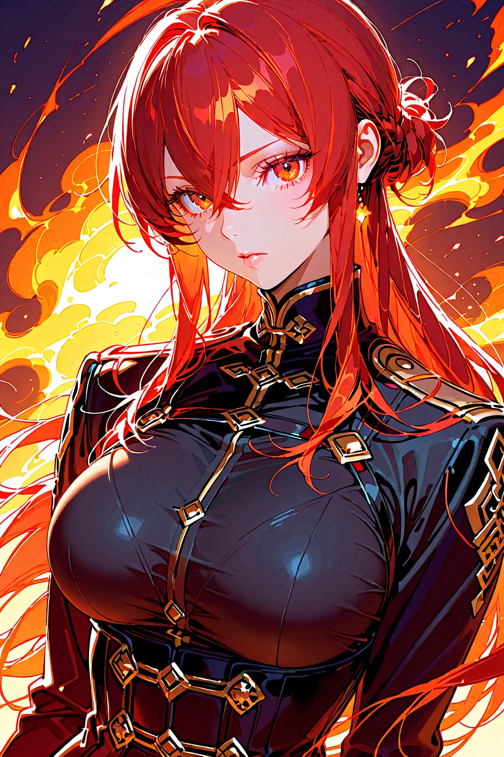 A girl with red eyes, expressing anger, stands before us in a dark situation. She is a foxy lady, wearing a beautiful big boobskimono with intricate details. Her hair is smooth and falls gracefully around her face. The portrait is vibrant and filled with vivid colors, highlighting the intensity of her emotions. Her expressive face captivates us with its powerful expression. The focus is sharp, emphasizing every detail of her appearance. In her hands, we can see her claws, adding an element of danger to the scene. The overall color tone is dominated by shades of orange, creating a captivating atmosphere.