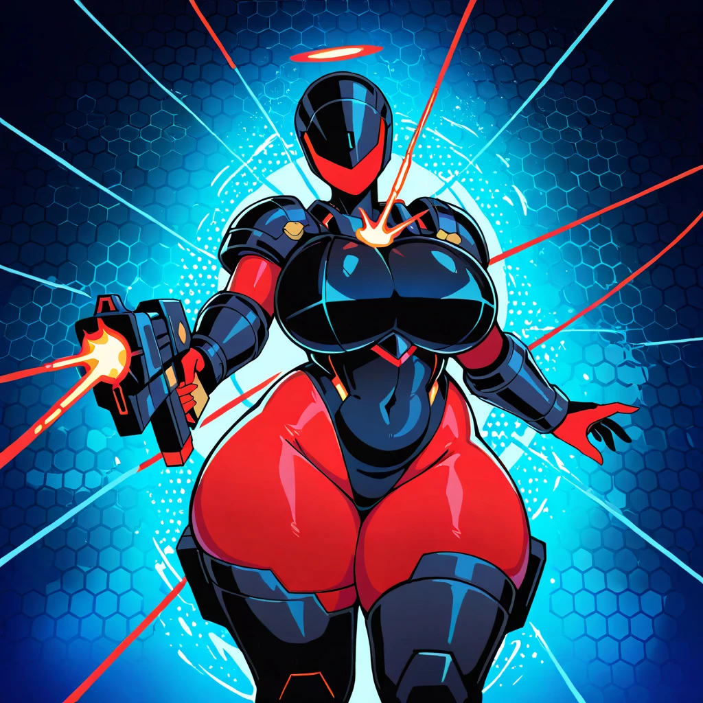 1girl, red eyes, blue hair, very short hair, ponytail, large breasts, hourglass figure, bodysuit, black bodysuit, neon, neon trim, machinery, tech, science-fiction, red glasses, futuristic, smile, standing, full body, ((full body)), shoulder armor