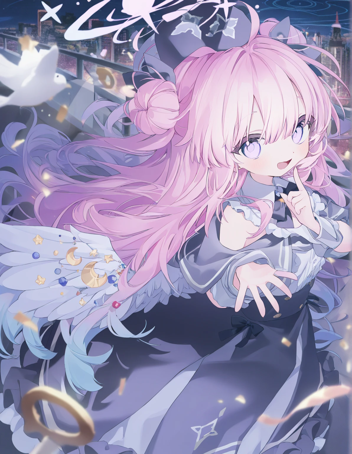 girl,full body,(detailed face:1.2), Masterpiece, fashion,black dress,, medium hair, light pink purple hair, purple pink eyes,There are wings hanging on the head...,white background,Vtuber,Full HD,bat'The left wing of the head is white...,Long hair braided back,Shoulder length  hair,purple highlighted hair color,There is a black choker on the neck...,full body,soft smile,ชุดมีลายดาวสีเหลืองและลายเงาbat.,ปีกbatสีดำทึบติดอยู่ที่ศีรษะทั้งซ้ายและขวา,The eyes inside are heart shaped.,Hands at side
