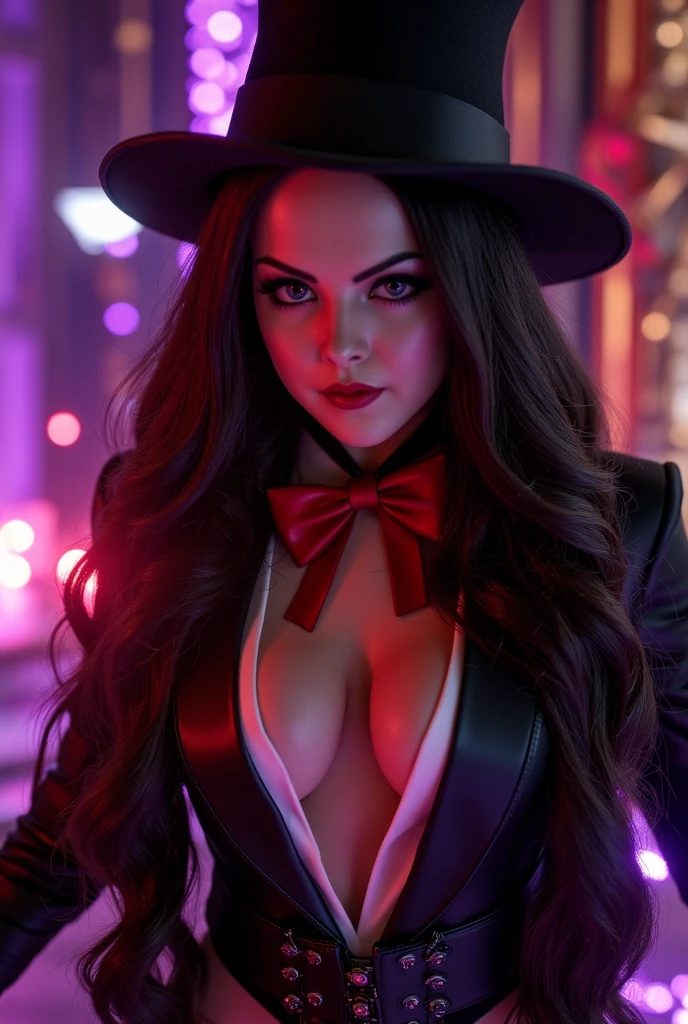 Scene from the movie, close-up shot of Woman dressed as Zatanna from DC, distorted space, distorted undead in the background, lens flares, light shafts, intricate details, highly detailed, volumetric lighting, 4k rendering, stock photo, hyper-realistic, realistic textures, dramatic lighting, Unreal Engine