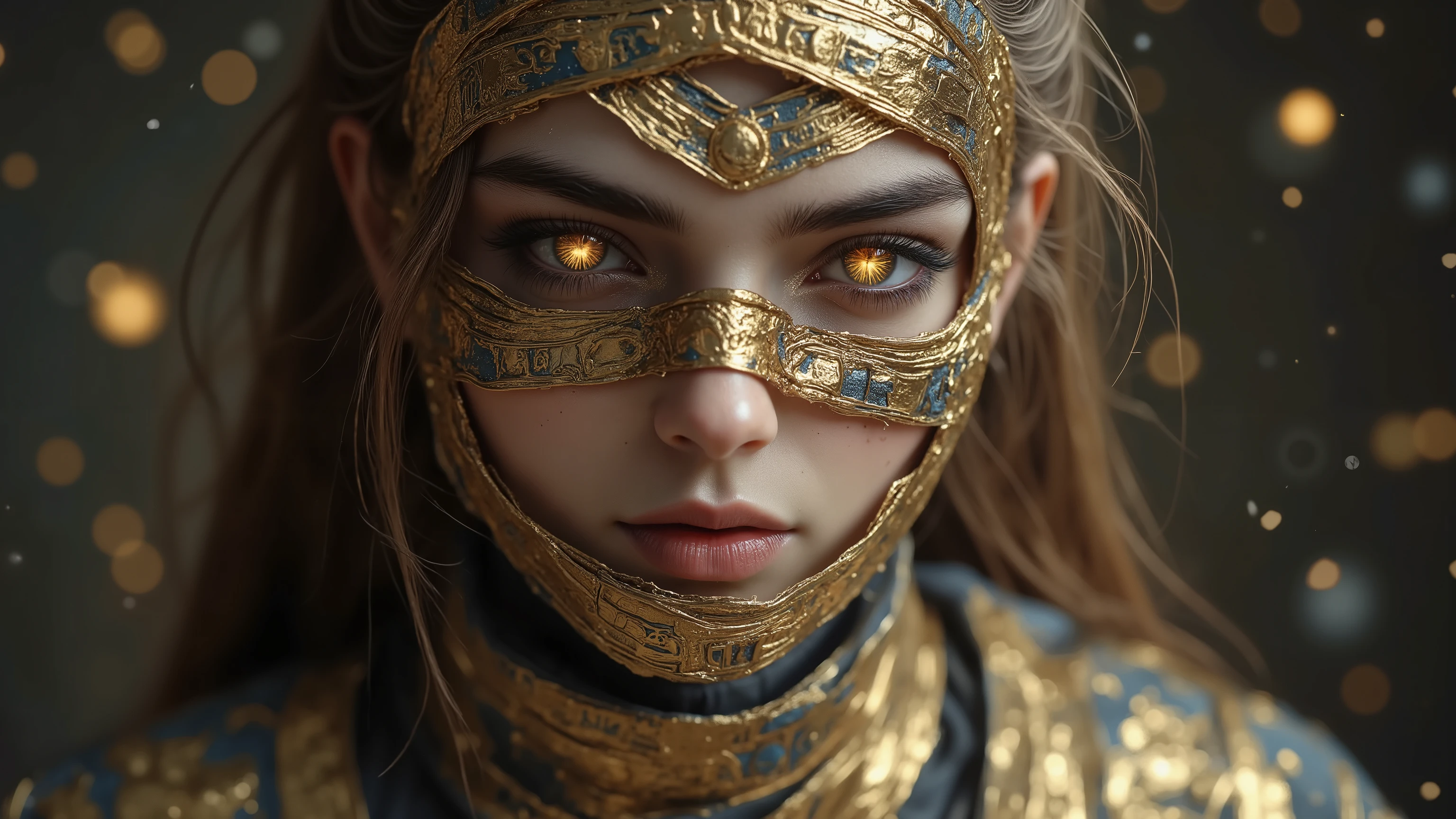 "( better quality , high resolution),1girl,Close-up of a 's face,covered in bandages with golden hieroglyphs,(Detailed:1.1),(Bright and intense colors:1.1),(realistic:1.1) graphic art style,frightening,eye sockets with bright golden eyes,Detailed wrinkles,dark circles under the eyes.",fashion model 25 years old,[[[[closeup]]]],[[[[chest]]]],[[[[neck]]]],[[[[shoulders]]]],