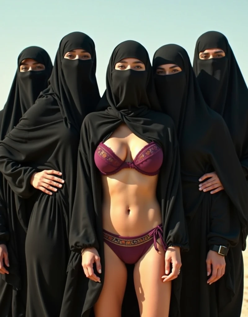 8k, top quality, finish: 1.2), (realistic, photo-realistic: 1.37), highly detailed, (1000 girls), This realistic image shows a large group of sexy Saudi Arabian women, wearing bikinis and black hijabs, walking in the middle of a egypt city. The women in the image are white and appear to have different ages and slim body shapes. The atmosphere of this picture looks like a parade or a special event involving many female participants. , breasts, beautiful eye details, (bikini: 1.1), ((sexy)), curvy body, (full body), standing, sexy,